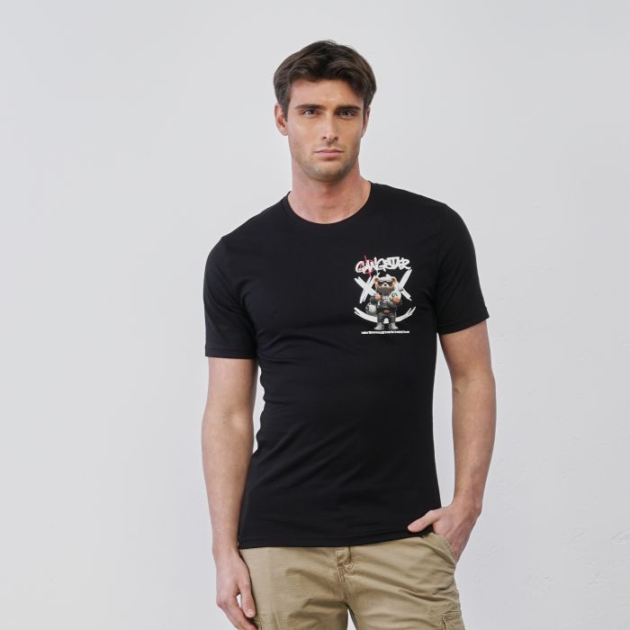 T-shirt nera da uomo a maniche corte con stampa