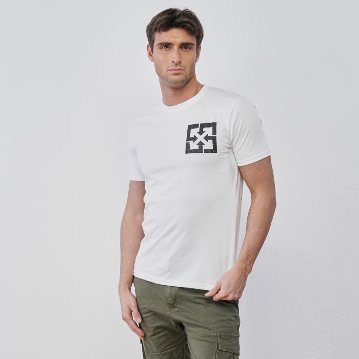 T-shirt bianca da uomo con maniche corte e disegno