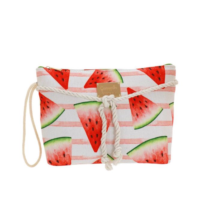 Pochette da mare bianca e rosa con stampa angurie e zip