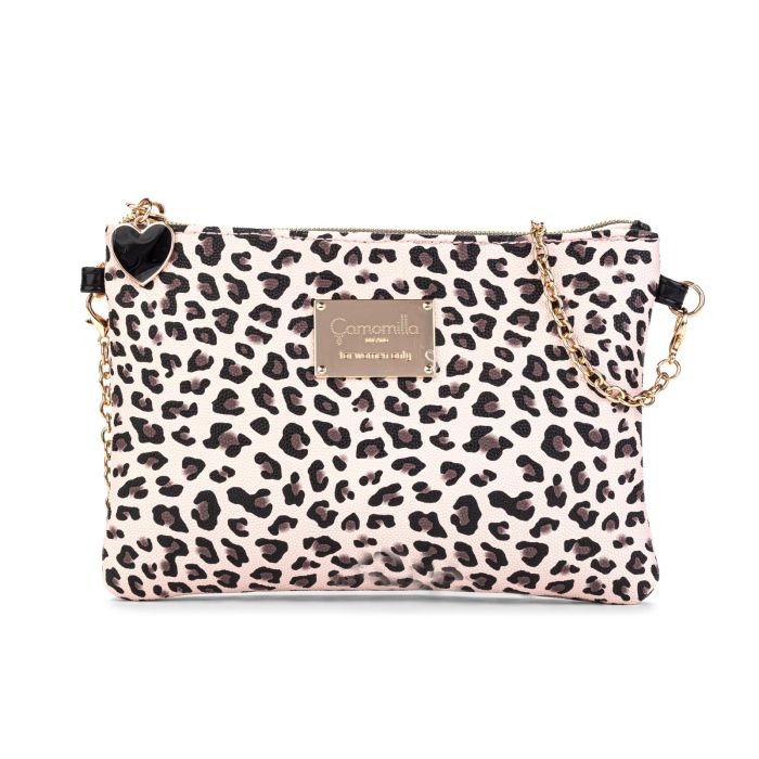 Pochette marrone in stampa animalier da donna con tracolla removibile in catena