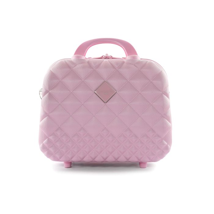 Beauty case rigido rosa con zip, tracolla removibile e manici