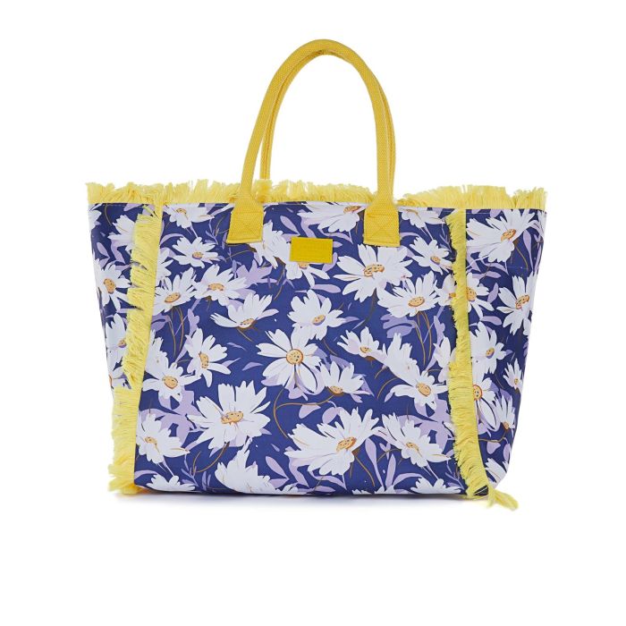 Shopper mare blu da donna in fantasia fiori con dettagli sfrangiati a contrasto