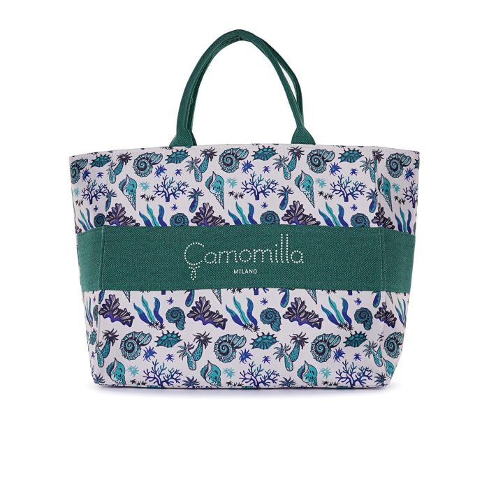 Shopper mare bianca e verde da donna con disegni e logo