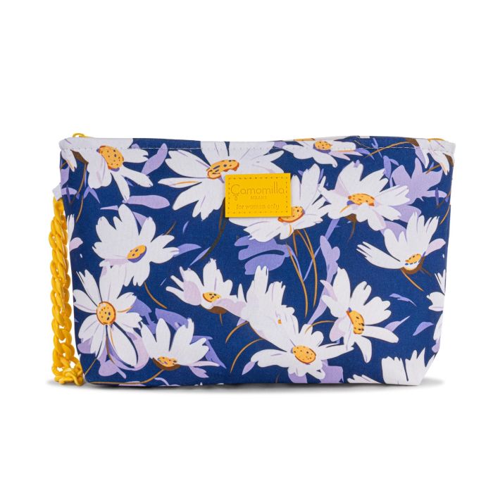 Pochette mare blu da donna in fantasia fiori e dettaglio catena