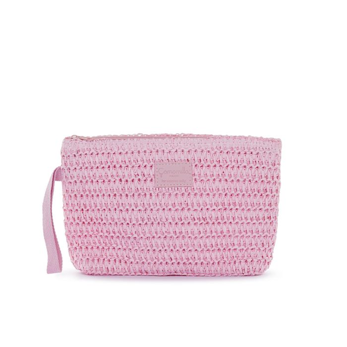 Pochette mare rosa da donna in paglia intrecciata con zip