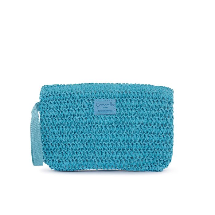 Pochette mare azzurra da donna in paglia intrecciata con zip