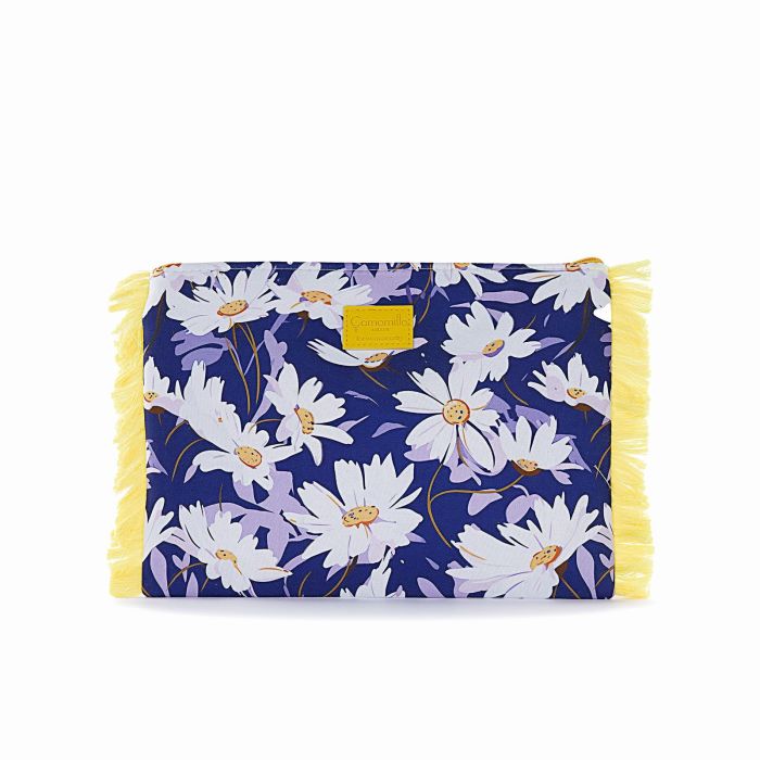 Pochette mare gialla e blu da donna in tessuto fantasia floreale e bordi sfrangiati
