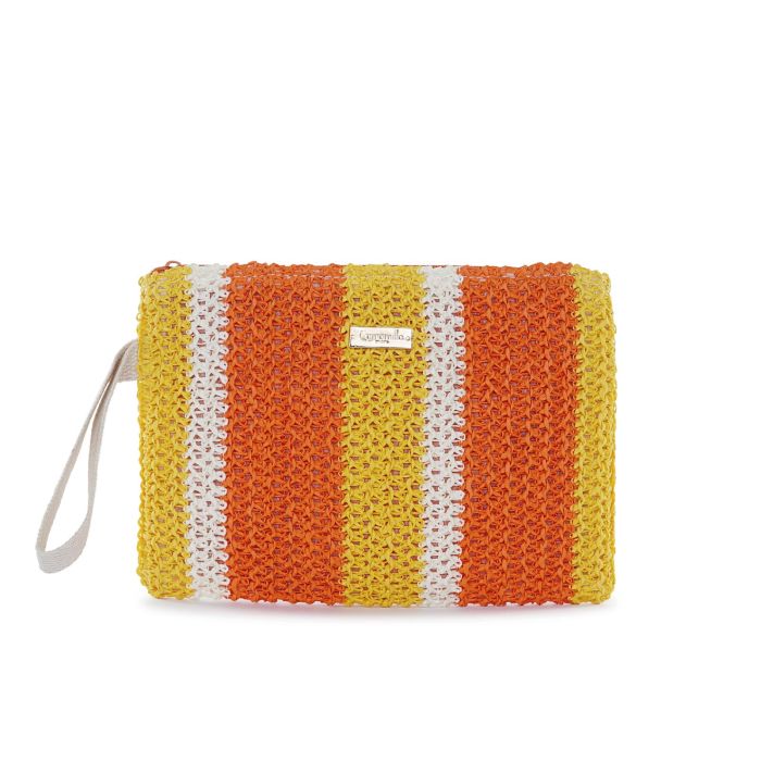 Pochette mare gialla e arancione a righe da donna in paglia intrecciata