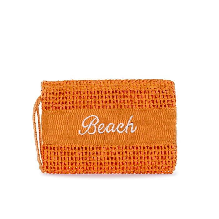 Pochette mare arancione da donna in paglia intrecciata con scritta