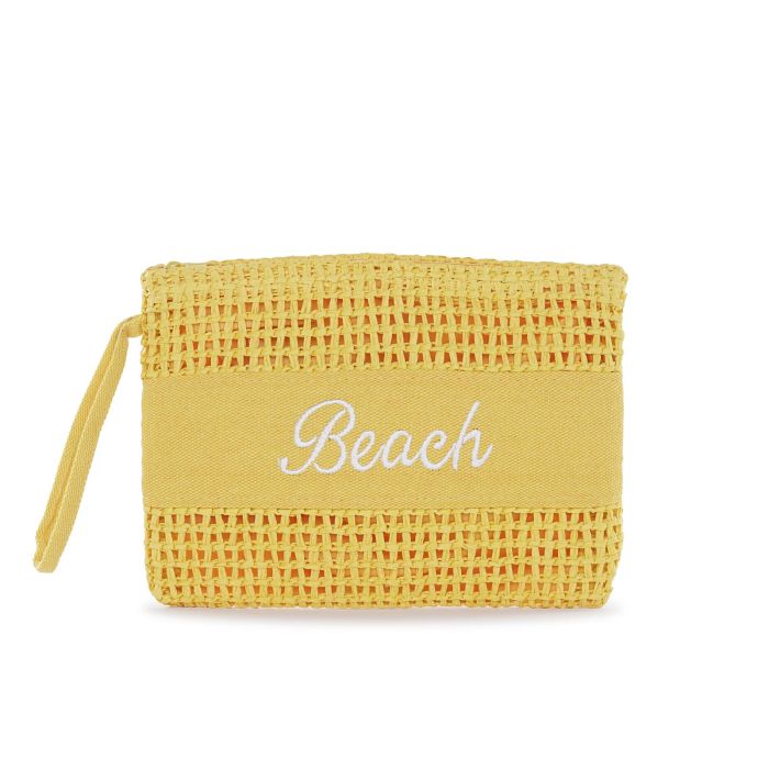 Pochette mare gialla da donna in paglia intrecciata con scritta