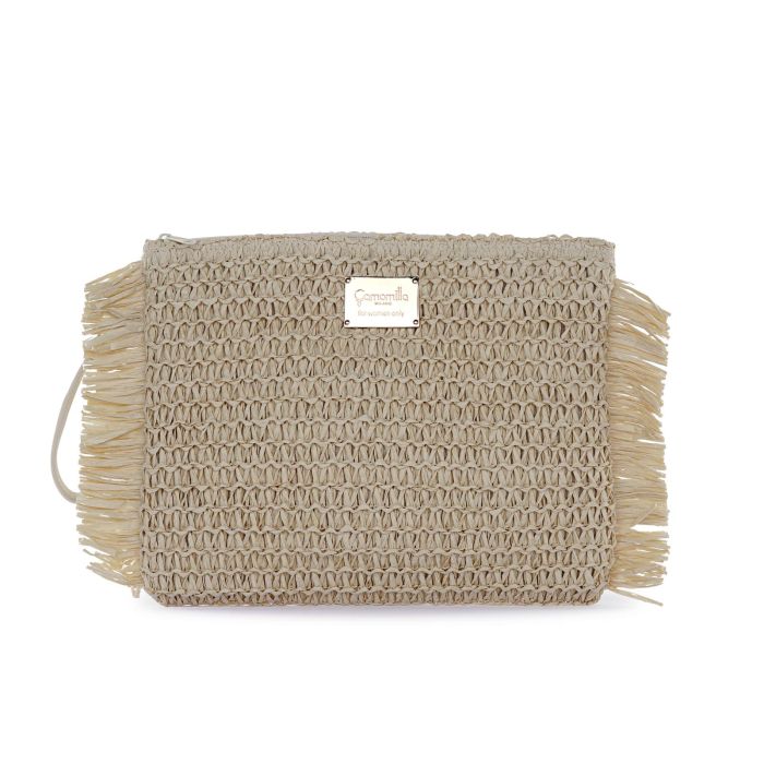 Pochette mare beige da donna in paglia intrecciata con bordi sfrangiati