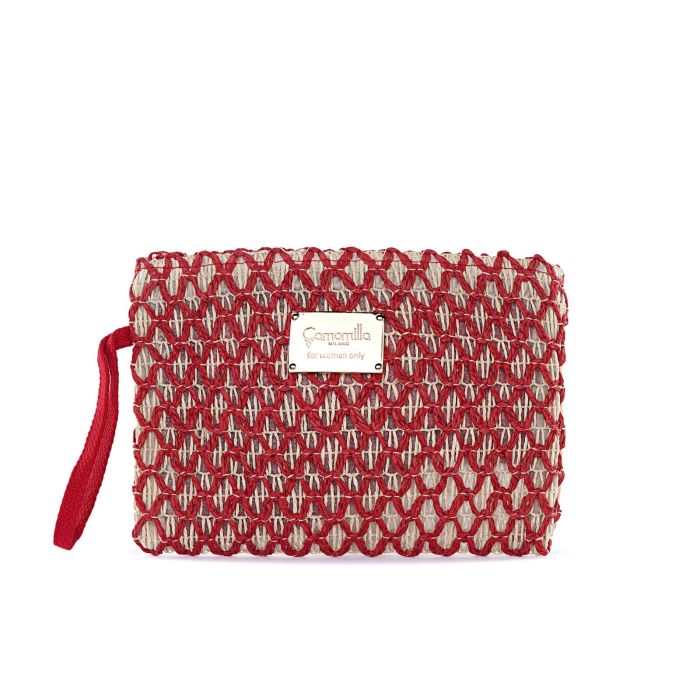Pochette mare rossa e beige da donna in paglia intrecciata