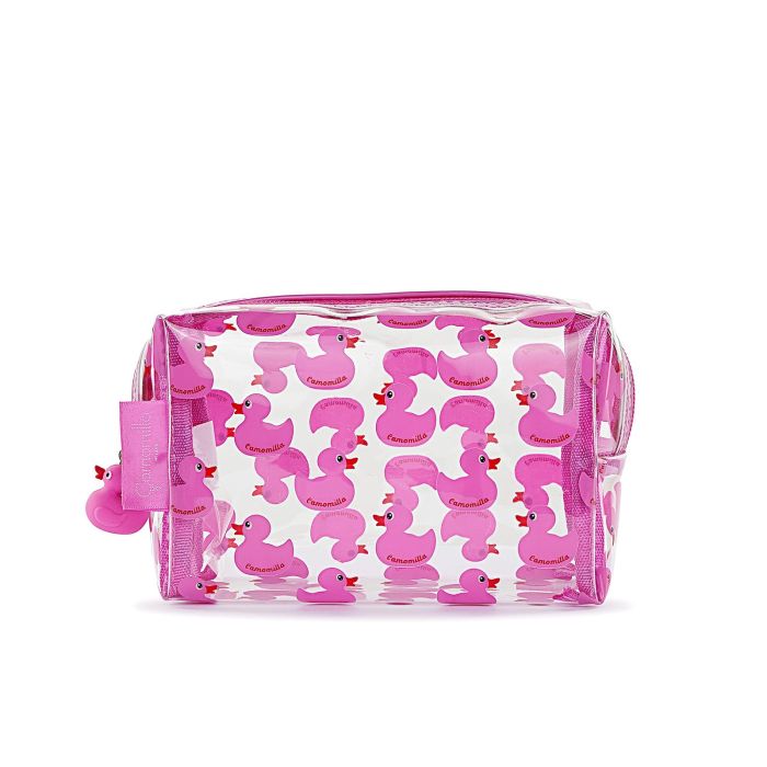 Beauty case rosa da donna con stampa paperelle e zip con ciondolo