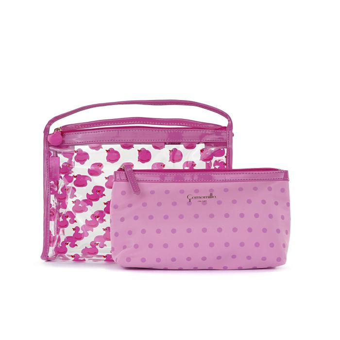 Set beauty case rosa da donna mini borsetta con stampa paperelle e bustina a pois