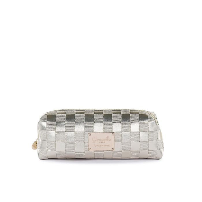 Beauty case oro effetto laminato da donna con zip e logo