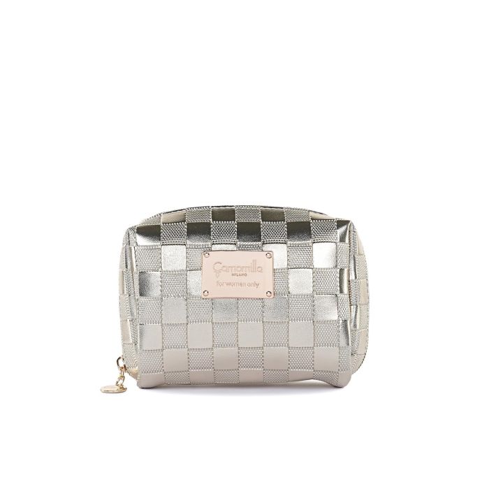 Mini beauty case oro da donna effetto laminato con zip