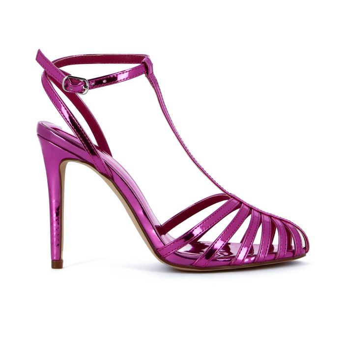 Sandali fucsia laminati con t-bar gabbia e tacco alto
