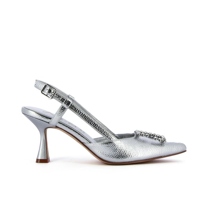 Decolletè soft sock argento a punta con tacco medio a rocchetto e applicazione con cristalli