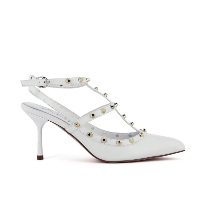 Decolletè soft sock bianche a punta con t-bar borchie e tacco medio