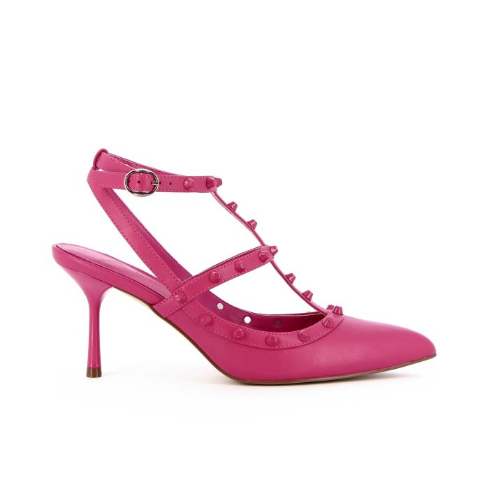 Decolletè soft sock fucsia a punta con t-bar borchie e tacco medio