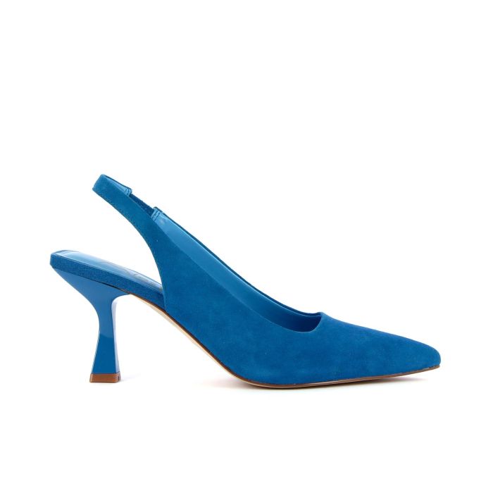 Decolletè a punta in pelle blu con sottopiede soft sock tacco medio a rocchetto e sling back