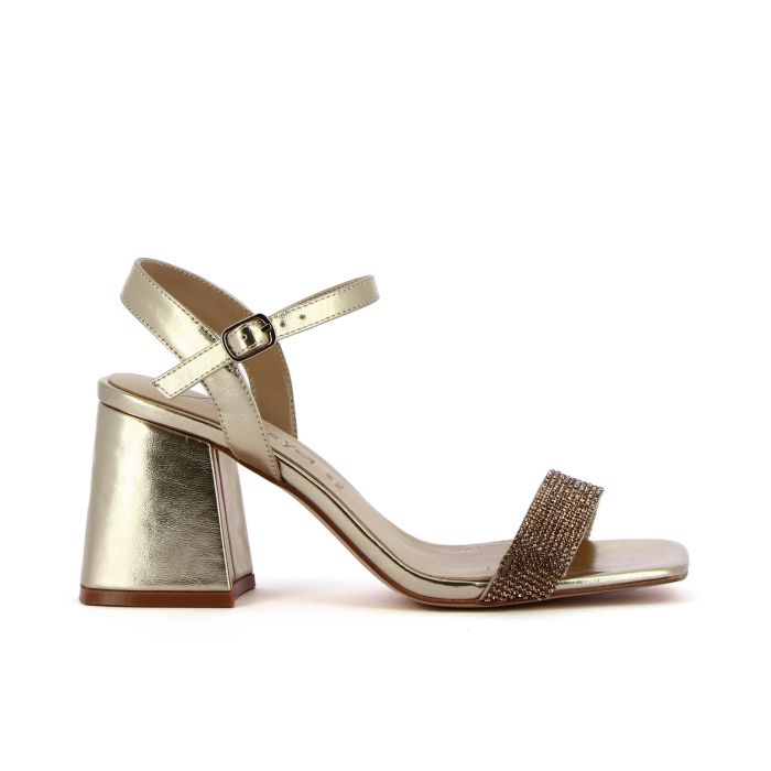 Sandali soft sock oro con tacco medio largo e strass