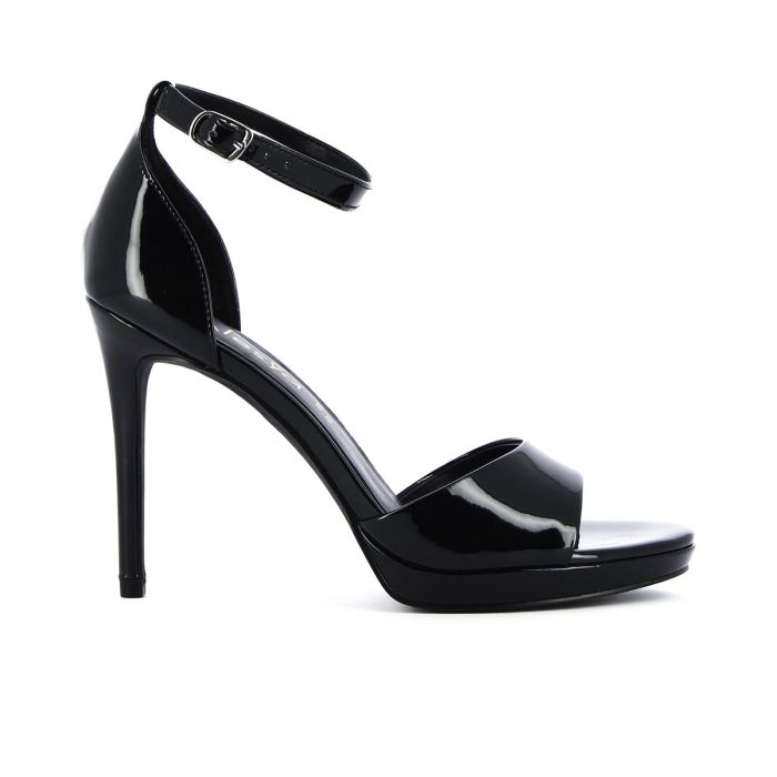 Sandali neri lucidi con tacco alto plateau e sottopiede soft sock