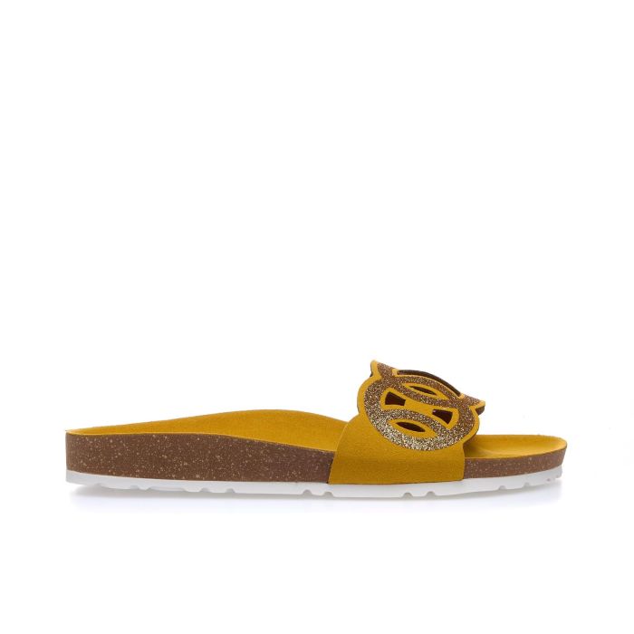 Ciabattine gialle con glitter e fondo effetto sughero
