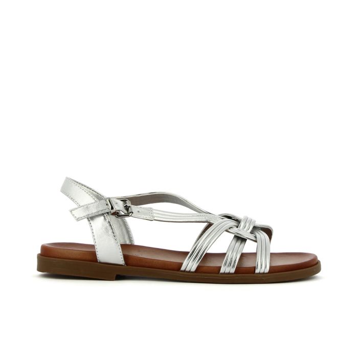 Sandali bassi argento effetto laminato con cinturini