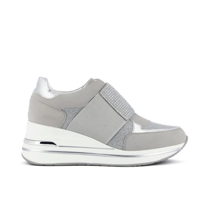Sneakers grigie senza lacci con banda elastica strass e suola memory foam