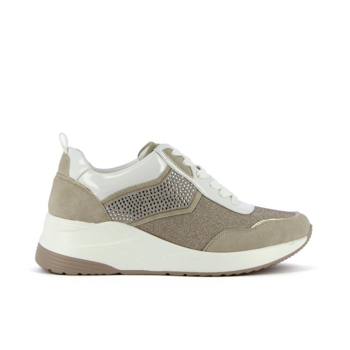 Sneakers beige glitter con strass e suola memory foam