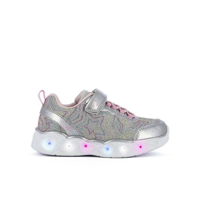 Sneakers argento da bambina con luci e velcro