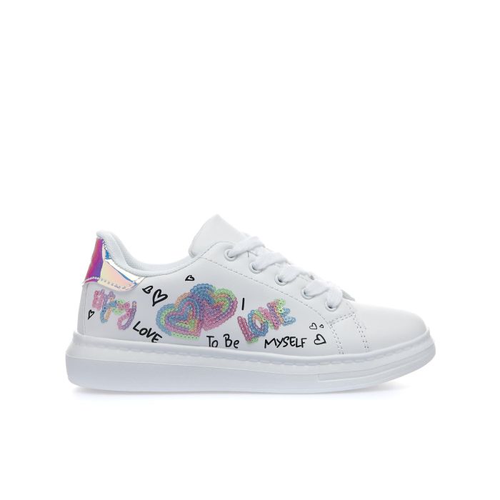 Sneakers bianche da ragazza con strappi e paillettes