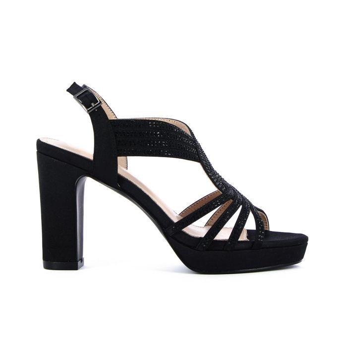 Sandali neri con plateau e tacco alto largo e dettaglio intrecciato con strass