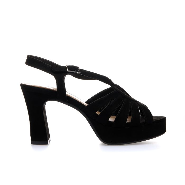 Sandali neri con gabbia e tacco alto largo con plateau