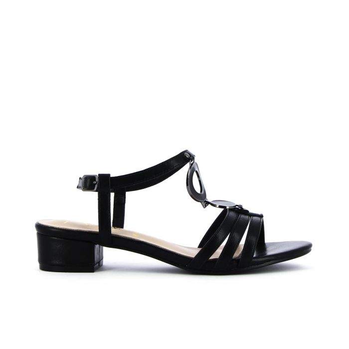 Sandali neri con tacco basso e applicazione frontale