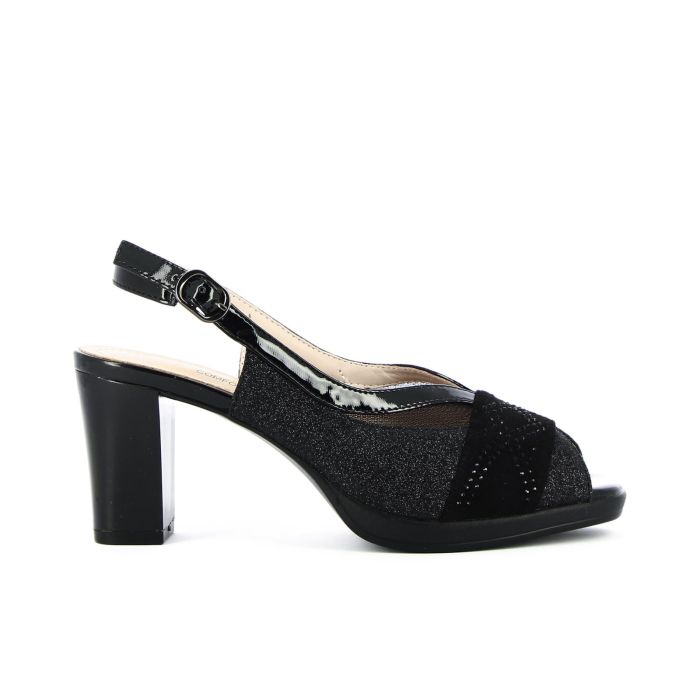 Sandali comfort neri con tacco medio glitter e strass