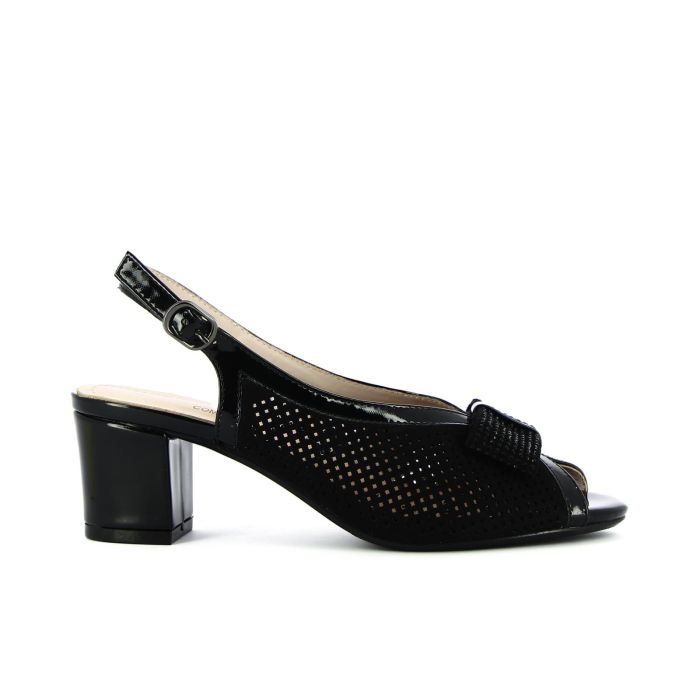 Sandali comfort neri traforati con tacco e fiocco con strass