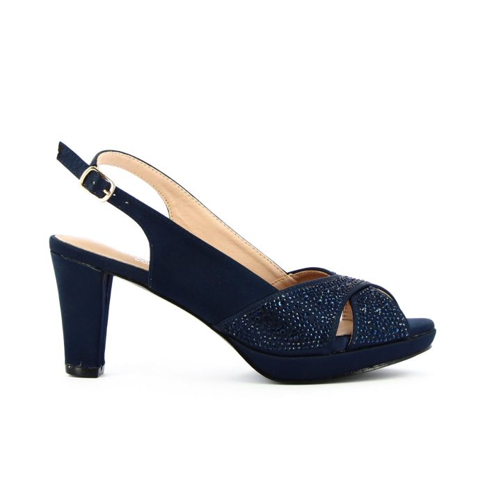 Sandali comfort blu con tacco medio e strass