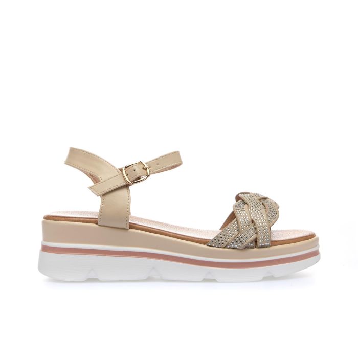 Sandali casual beige con zeppa e strass