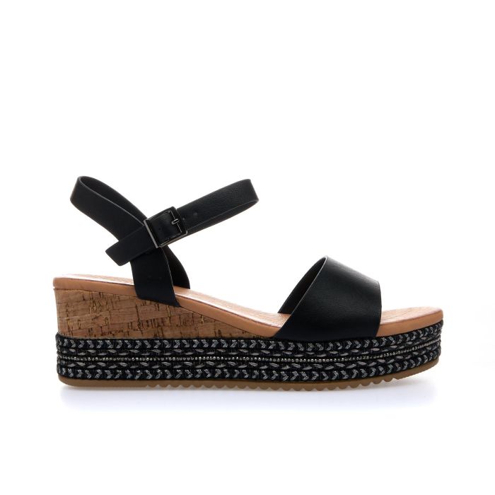 Sandali neri con zeppa e bordo effetto ricamo