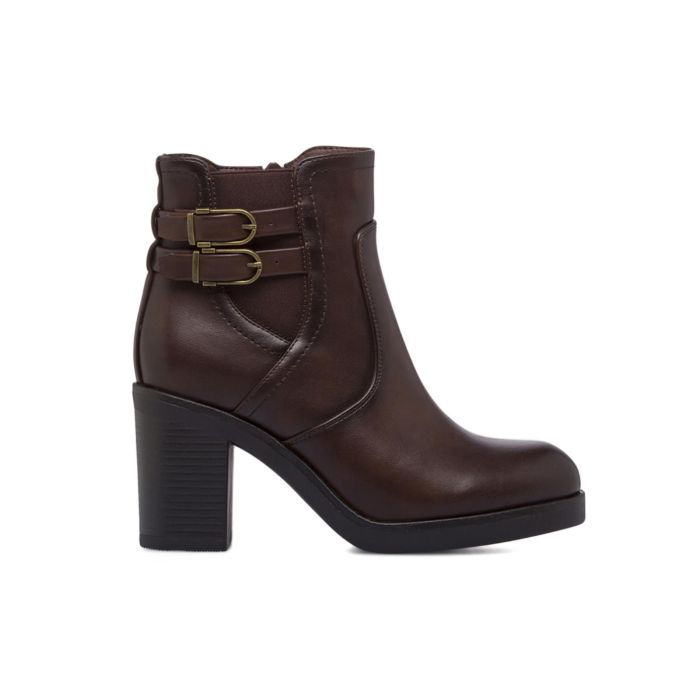 Stivaletti marroni con tacco alto in gomma e fibbie