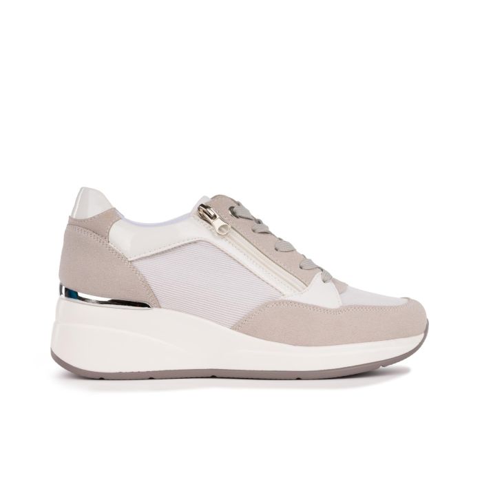 Sneakers beige e bianche con zip laterali e zeppa