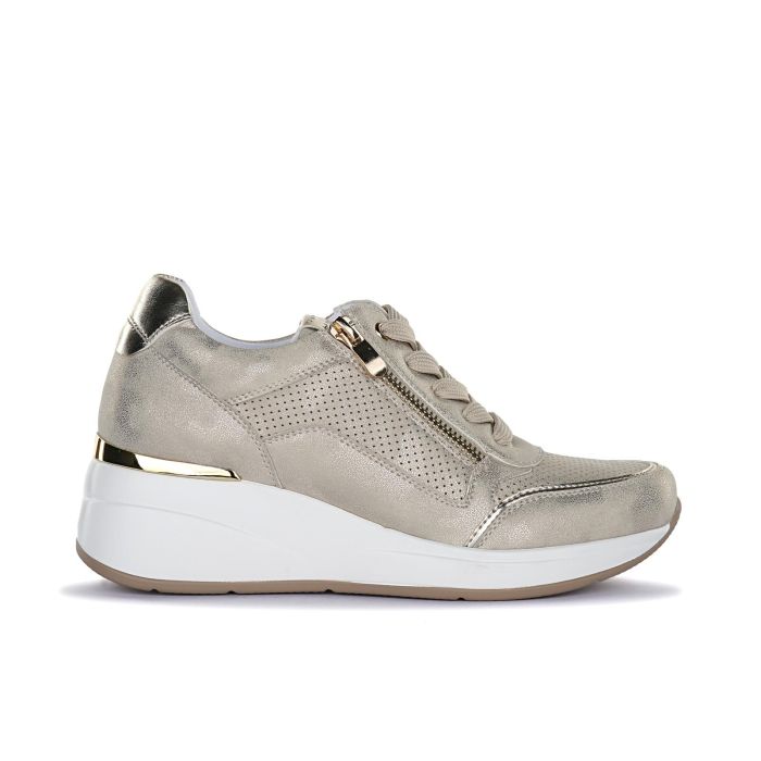 Sneakers oro con zeppa, zip laterali e inserto traforato