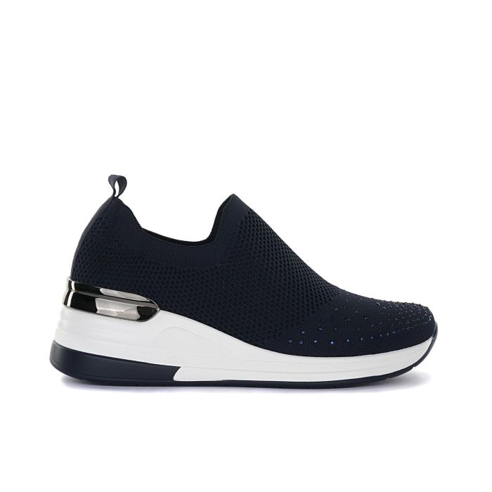 Sneakers slip-on blu in tessuto con strass e zeppa