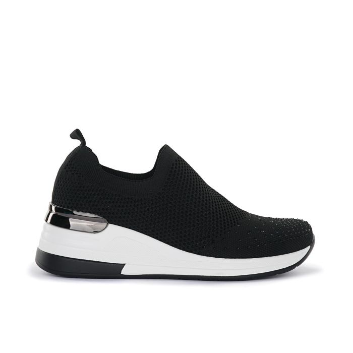 Sneakers slip-on nere in tessuto con strass e zeppa