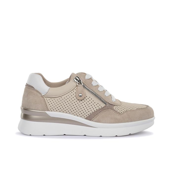 Sneakers beige traforate con lacci e zip