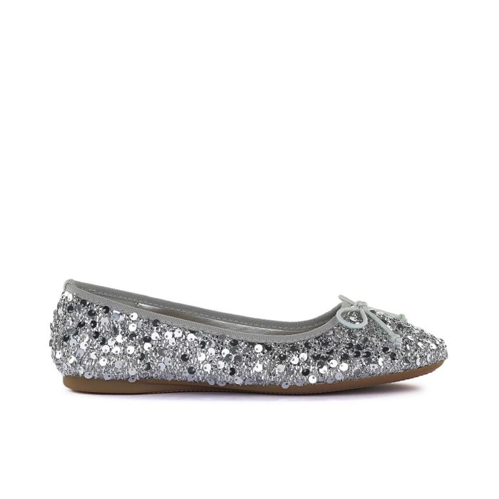 Ballerine argento in tessuto paillettes con fiocchetto