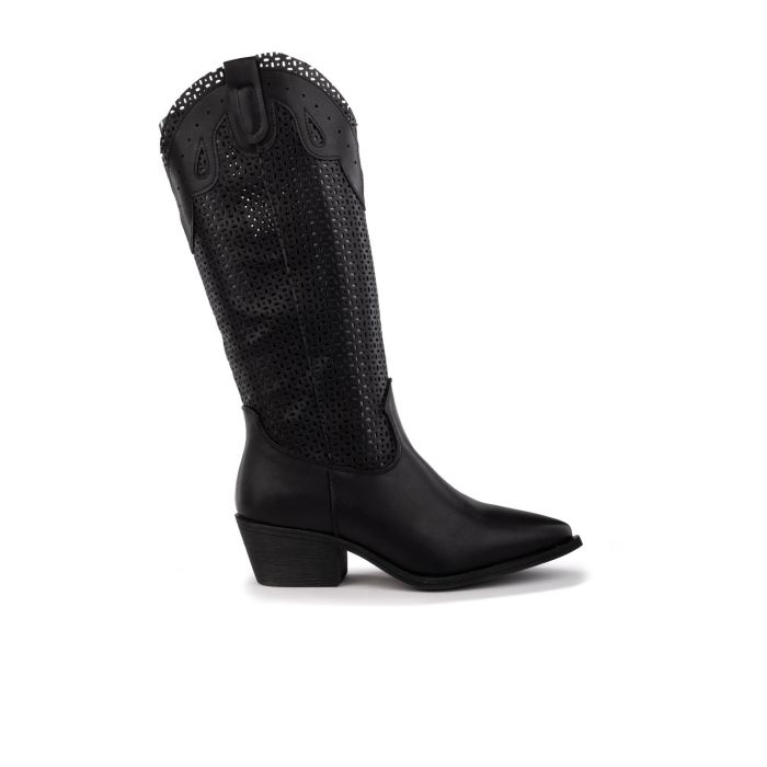 Stivali texani neri con gambale traforato e tacco