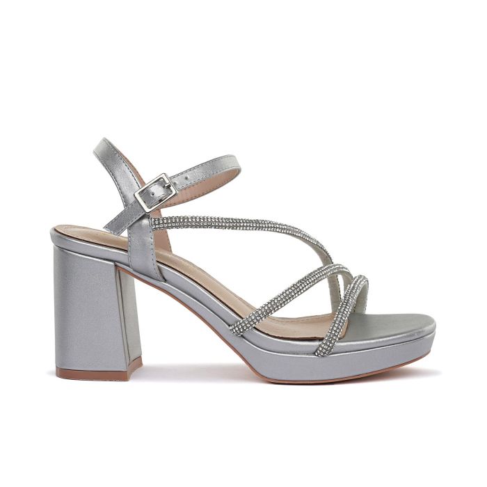 Sandali argento da donna con tacco alto largo e cinturini con strass